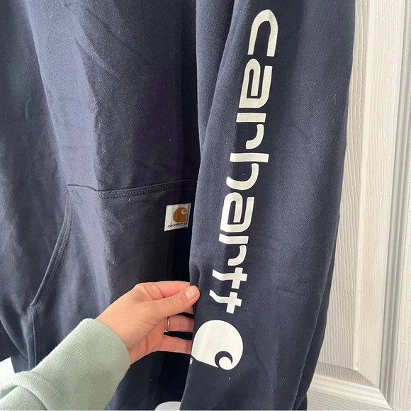 Carhartt Logo Hooded Jacket Loose Fit Navy Pullover Size XL - Picture 2 of 4
